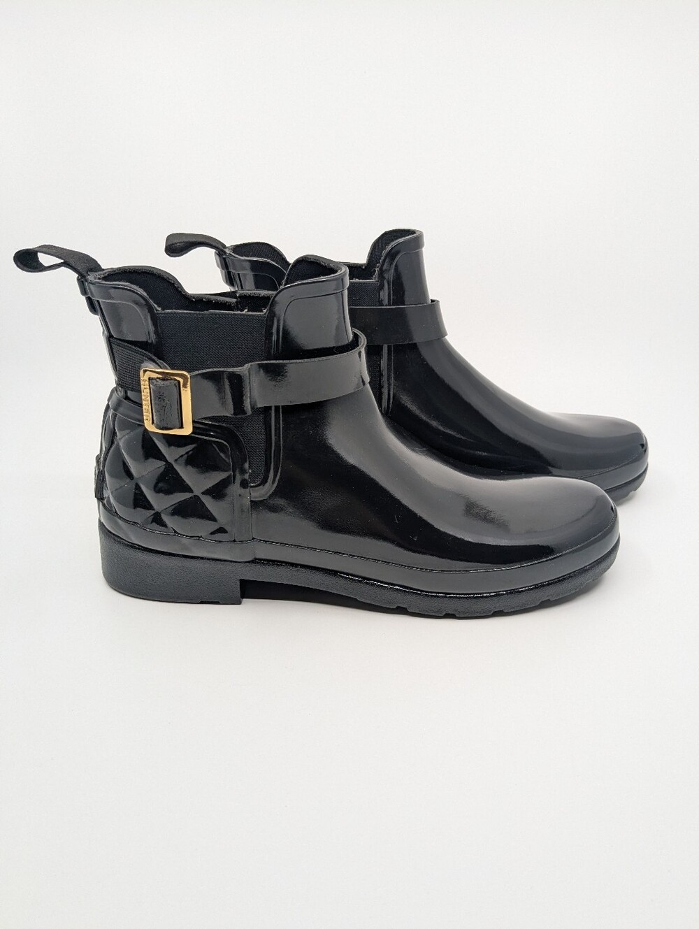 Hunter Quilted Gloss Refined Slim Fit Chelsea Rain Boots Black 8 39